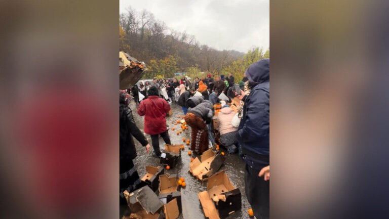 bataie-pe-portocale-pe-o-sosea-din-mehedinti,-dupa-ce-un-tir-s-a-rasturnat.-zeci-de-oameni-au-navalit-sa-stranga-fructele-de-pe-asfalt