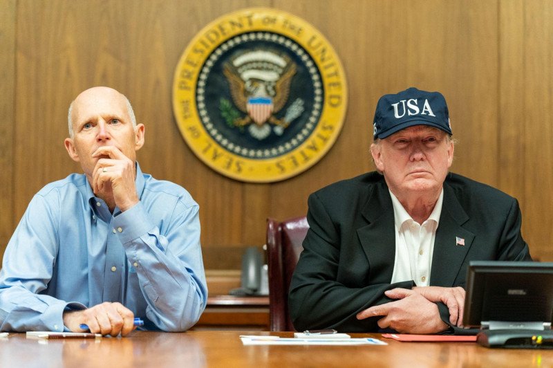 On August 31, 2019, President Donald J. Trump, accompanied by Senator Rick Scott and FEMA officials, received a briefing on Hurricane Dorian's impact as it approached the U.S. mainland, during a meeting at Camp David in Maryland.