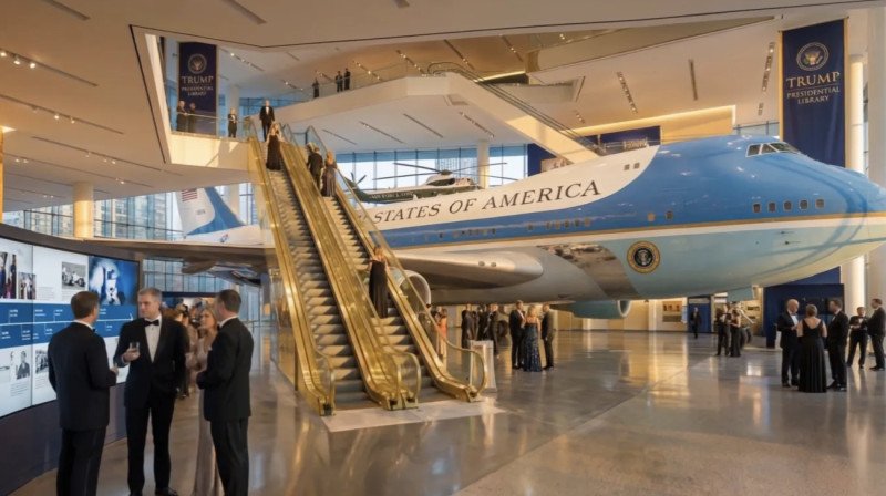 mostenirea-lui-trump,-in-miami:-o-biblioteca-zgarie-nori,-cu-o-statuie-de-aur-uriasa-si-avionul-prezidential-alaturi-aeronave-militare