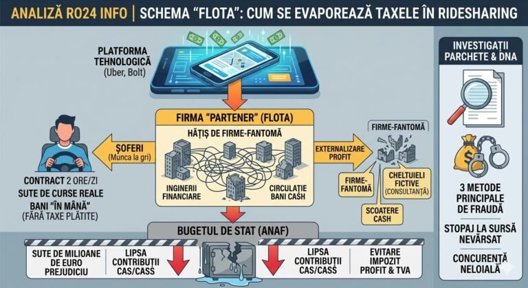 ANALIZĂ RO24 INFO | Schema „Flota”: Cum se evaporează taxele în ridesharing. Mecanismul fraudelor investigate de DNA