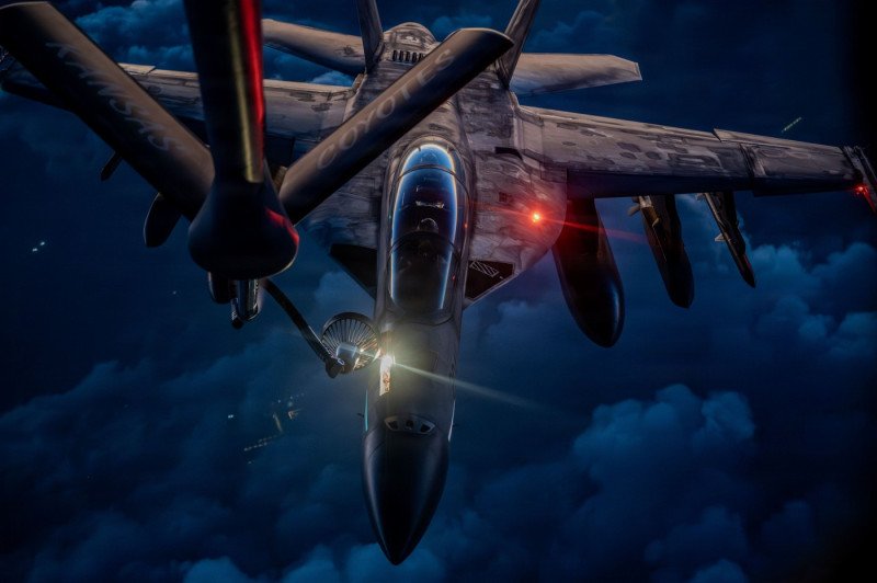 U.S. Navy F/A-18F Super Hornet Fighter Aircraft Refuel During Operation Epic Fury