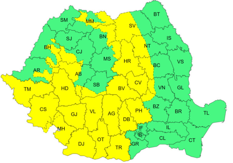 vreme-extrema-in-romania,-au-fost-emise-alerte-de-furtuni-si-canicula.-zeci-de-judete-sunt-vizate-–-harta