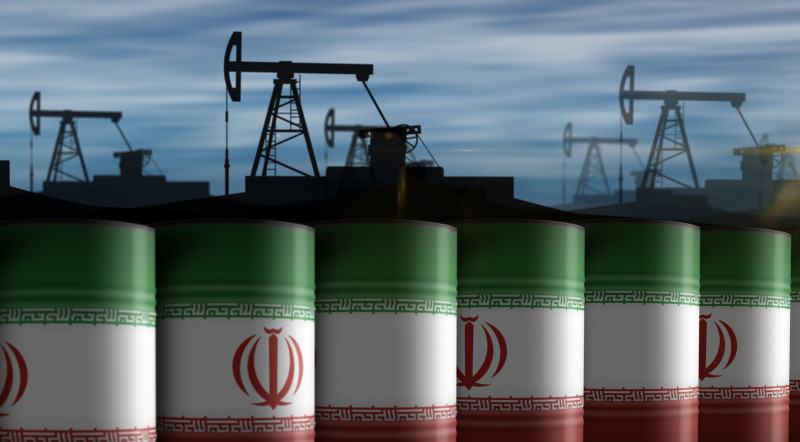 Iran oil crude petroleum fuel barrels in row concept. Iranian petrol business and fuel extraction industrial containers 3d illustration.
